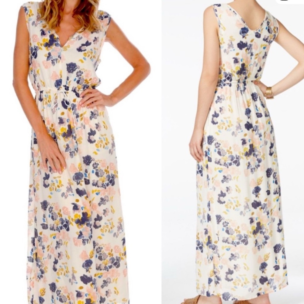 {lucky brand} boho floral spritz printed tie waist vneck maxi dress